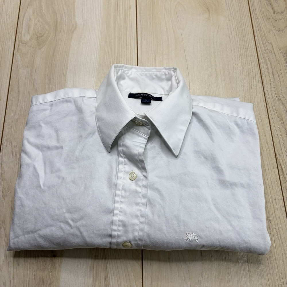 Burberry London Women Long Sleeve button Up Dress Shirt Cotton White Size 8 Logo
